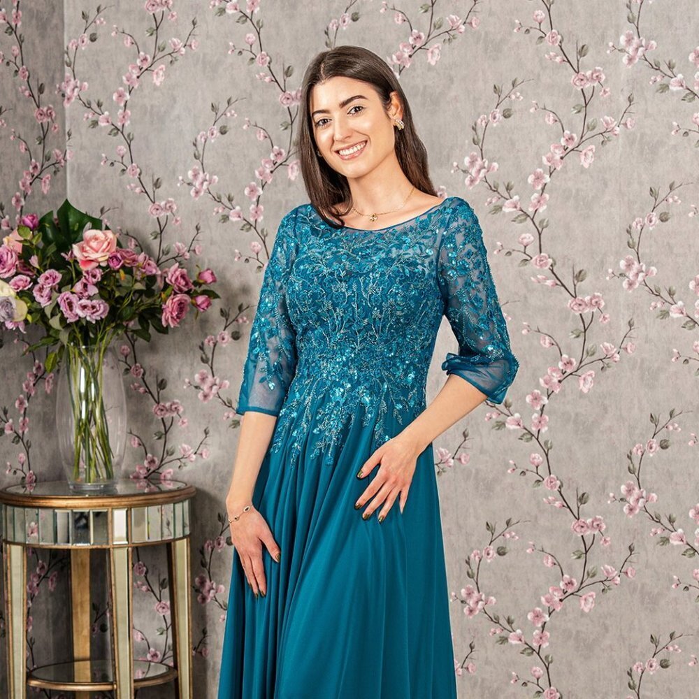 NEW LONG FORMAL A-LINE CHIFFON DRESS EMBROIDERED WITH BEADS & FLORAL GL3447
